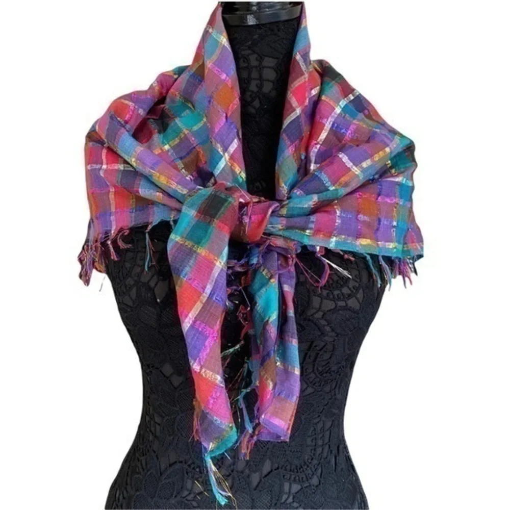 Nordstrom Magenta Pink Red Green Metallic Cotton Plaid Square Scarf Wrap